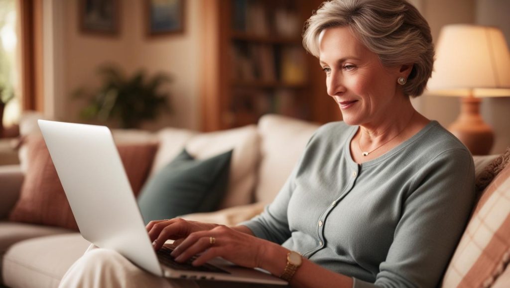 Woman typing on laptop to tell her story